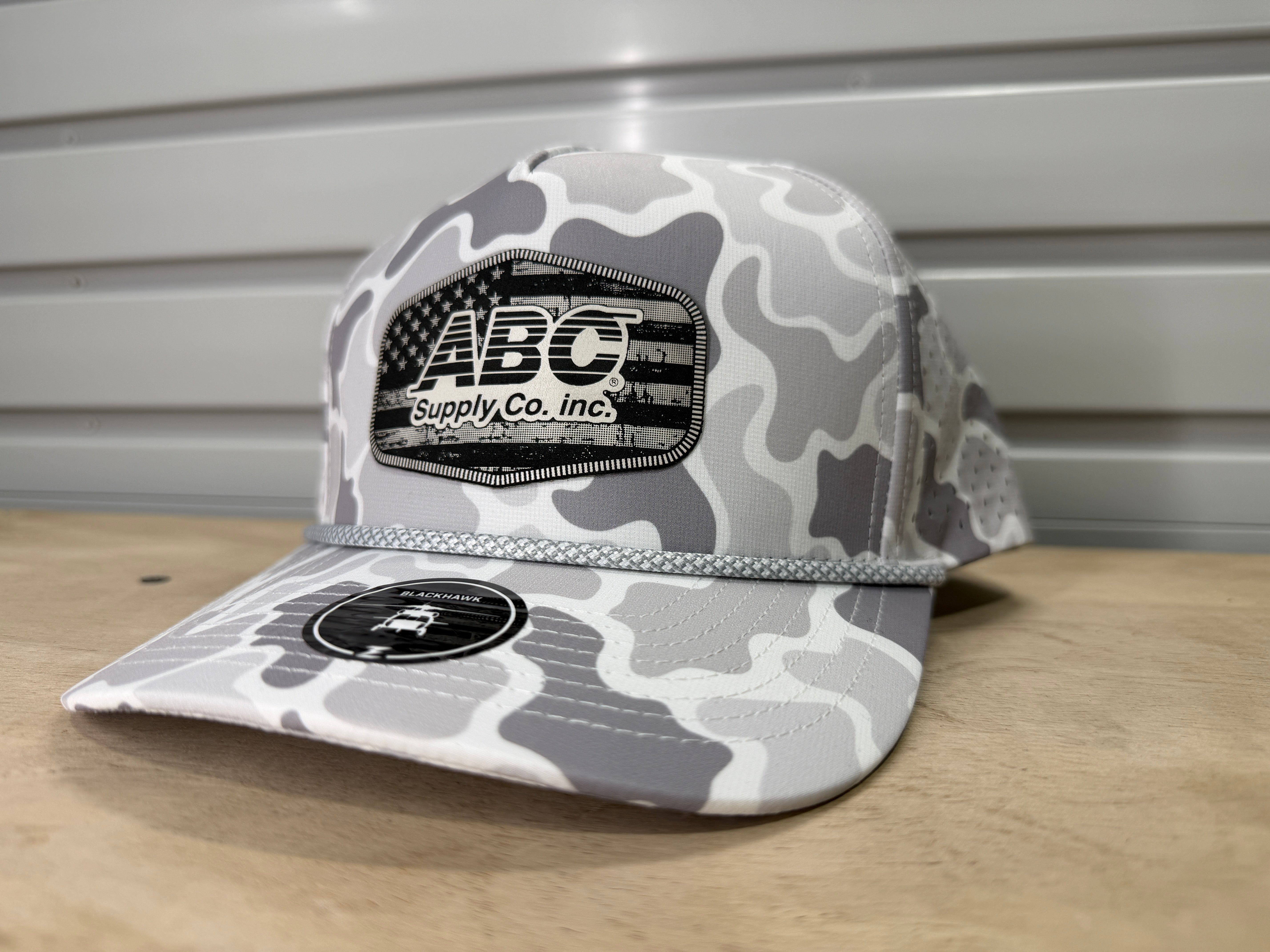 ABC Supply | Blackhawk R+ Hat | Snow Camo | Glossy White Distressed Flag | Hexagon Patch