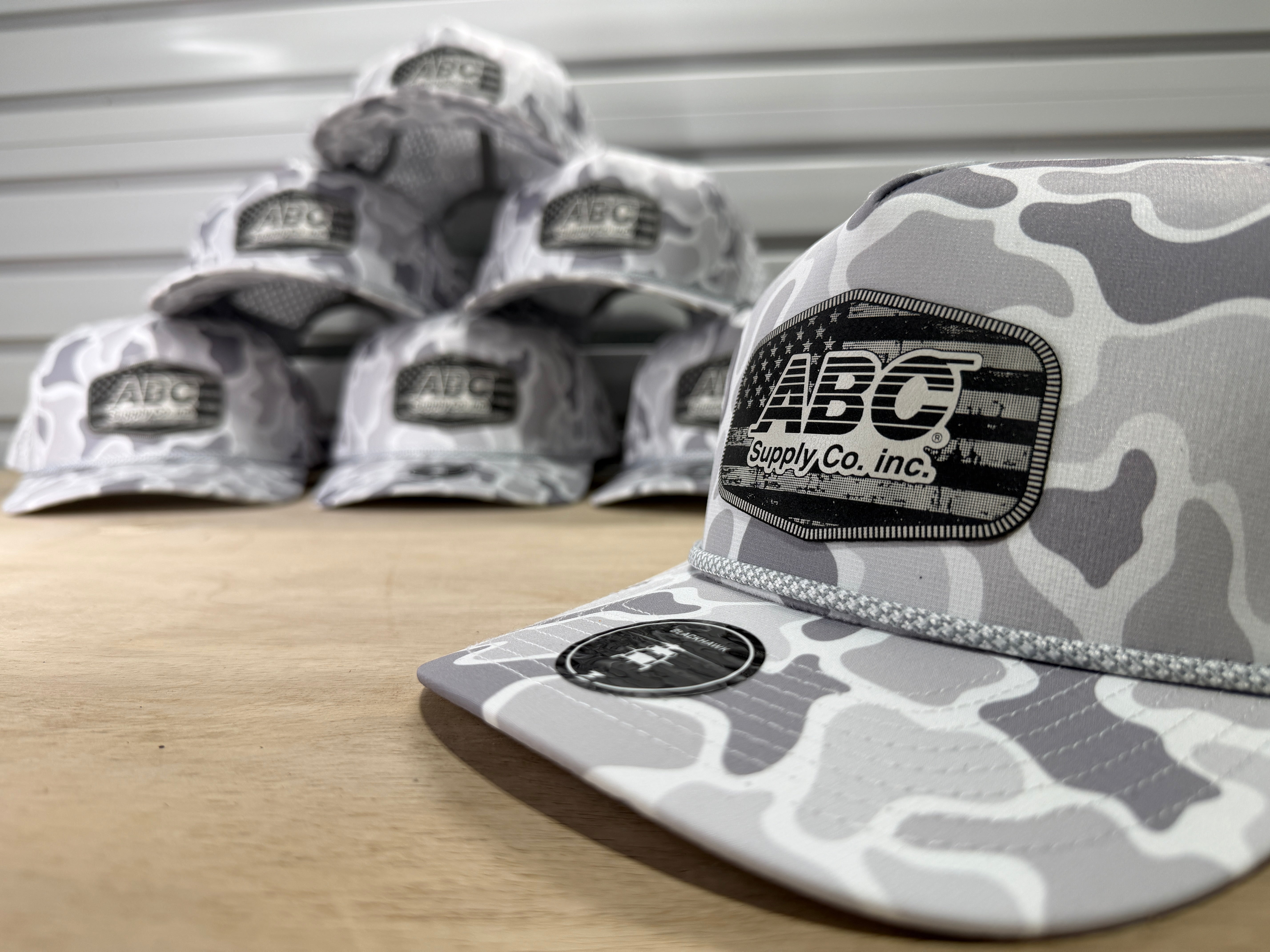 ABC Supply | Blackhawk R+ Hat | Snow Camo | Glossy White Distressed Flag | Hexagon Patch