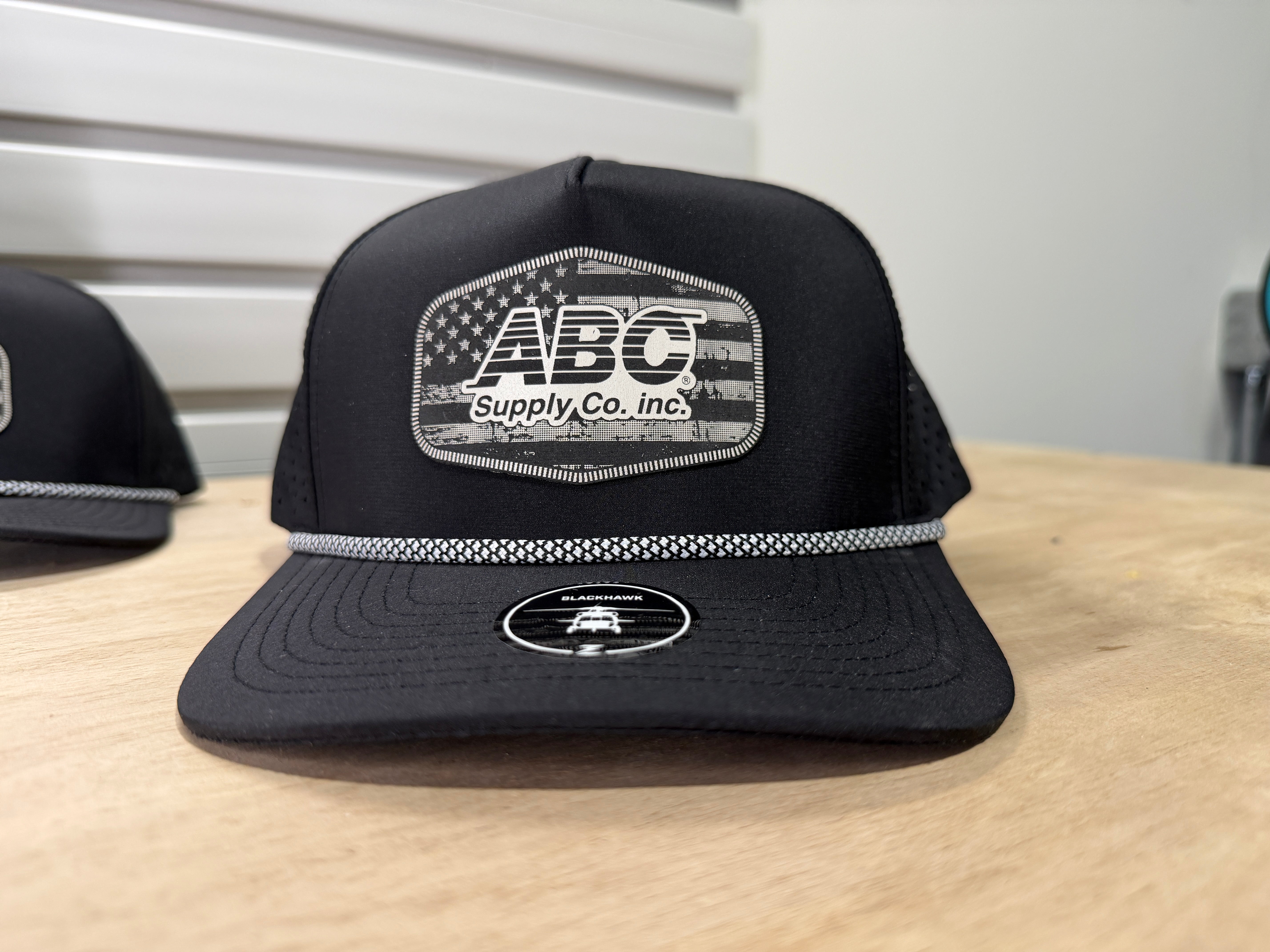 ABC Supply | Blackhawk R+ Hat | Black White Chainlink | Glossy White Distressed Flag | Hexagon Patch
