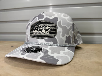 ABC Supply | Blackhawk R+ Hat | Snow Camo | Glossy White Distressed Flag | Hexagon Patch