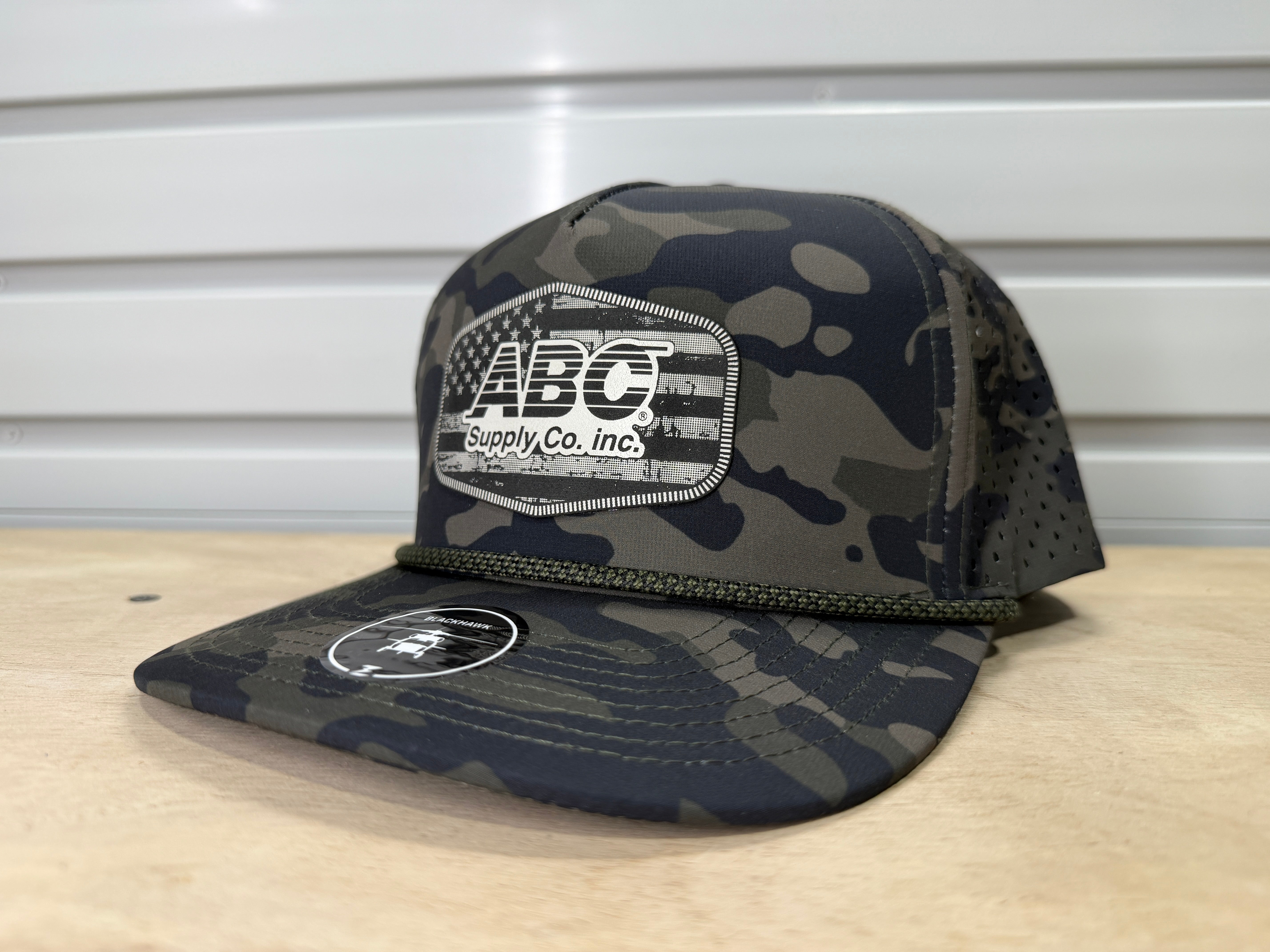 ABC Supply | Blackhawk R+ Hat | Jungle Camo | Glossy White Distressed Flag | Hexagon Patch