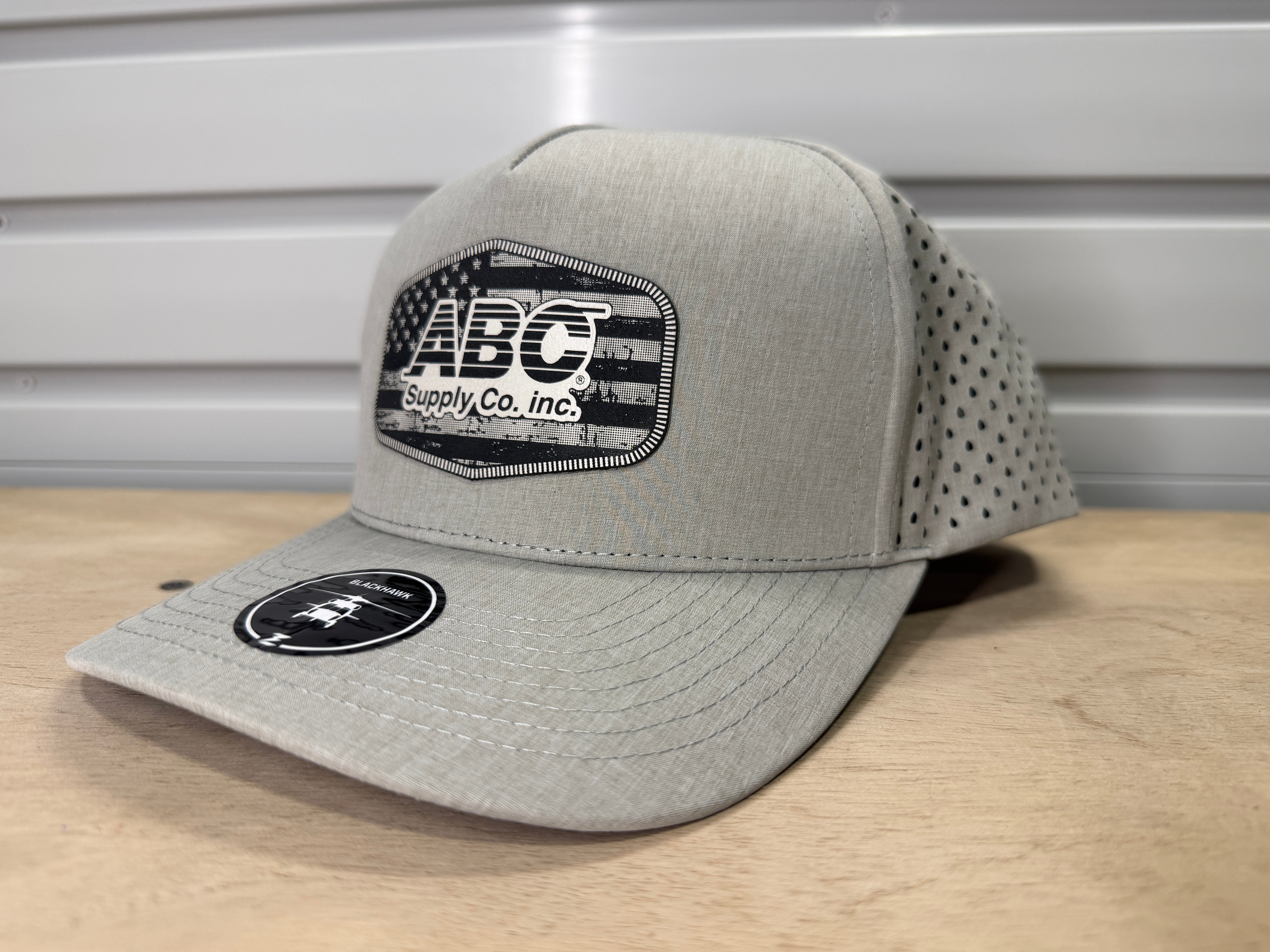 ABC Supply | Blackhawk Hat | Heather Grey | Glossy White Distressed Flag | Hexagon Patch
