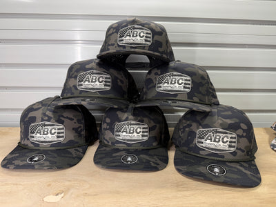 ABC Supply | Blackhawk R+ Hat | Jungle Camo | Glossy White Distressed Flag | Hexagon Patch