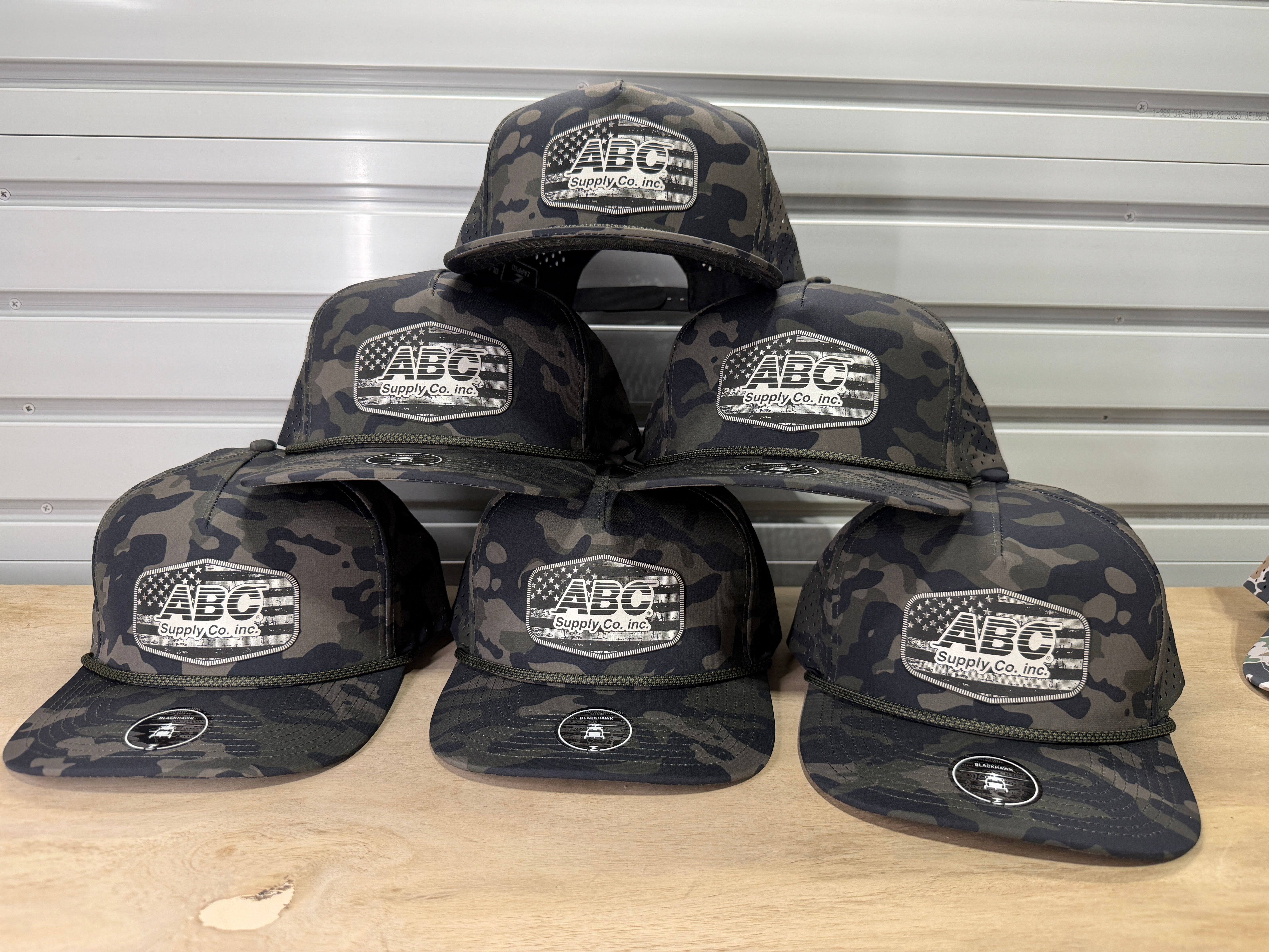 ABC Supply | Blackhawk R+ Hat | Jungle Camo | Glossy White Distressed Flag | Hexagon Patch
