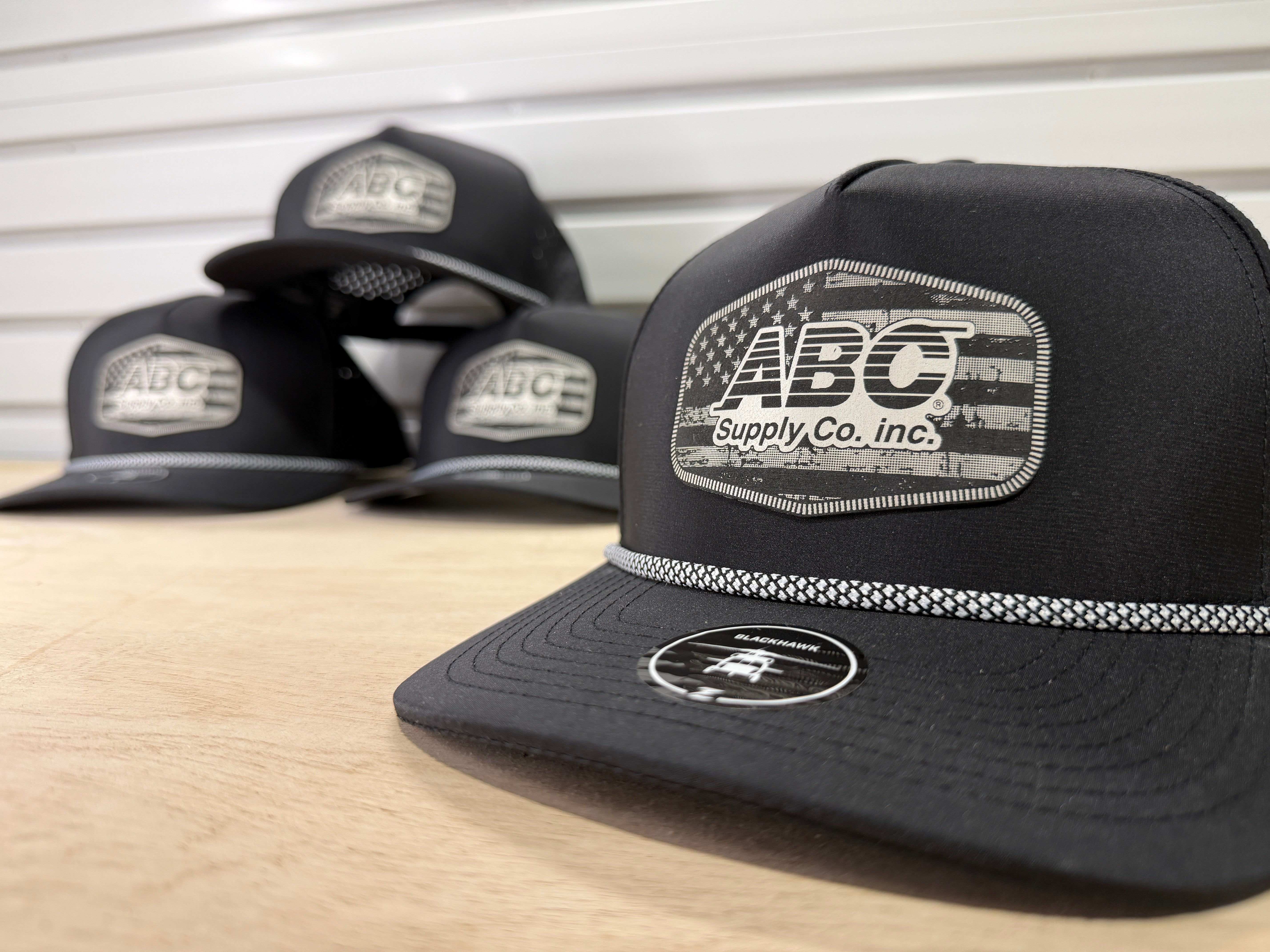ABC Supply | Blackhawk R+ Hat | Black White Chainlink | Glossy White Distressed Flag | Hexagon Patch