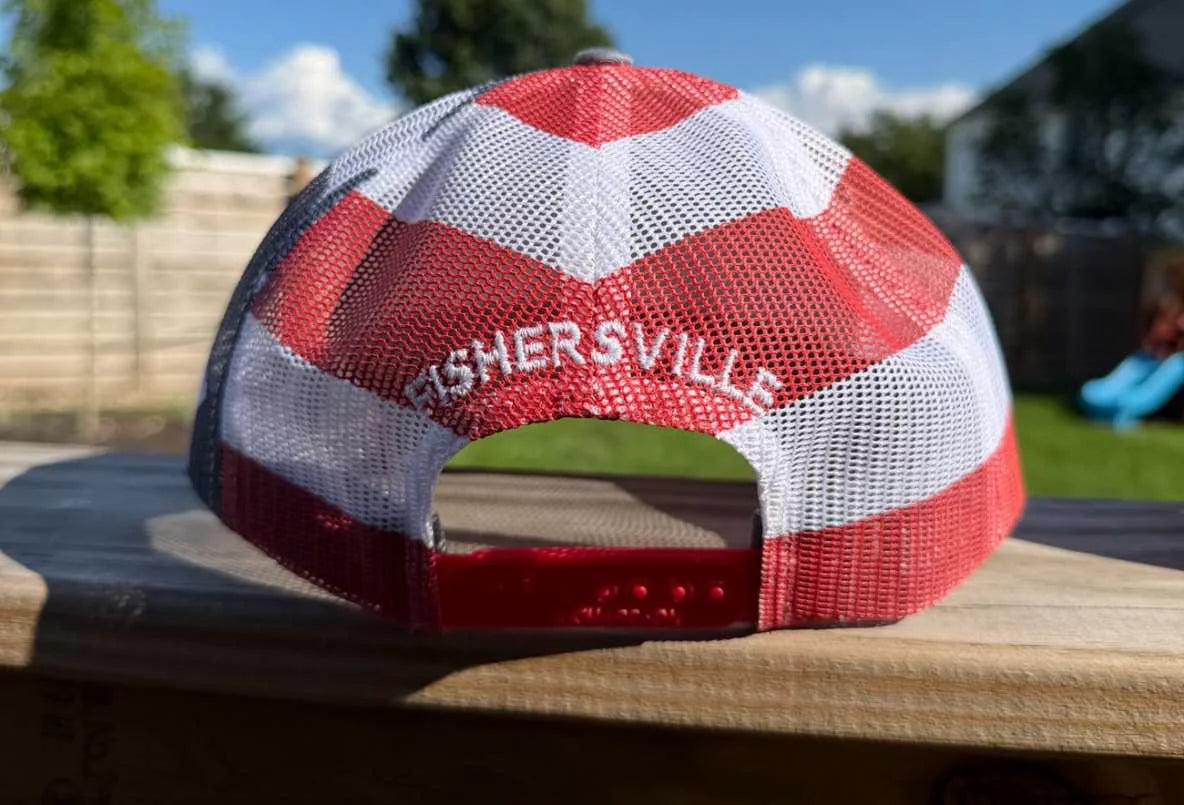 Red and white trucker hat with FISHERSVILLE embroidered across the back